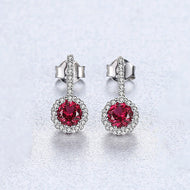 Ruby gemstone 925 sterling silver drop earrings with round halo setting