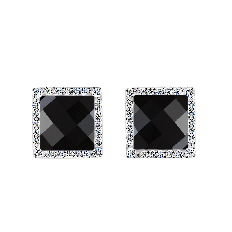 Square Black Agate White Zircon Silver Earrings