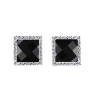 Square Black Agate White Zircon Silver Earrings