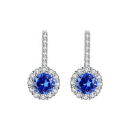 Blue gemstone drop silver earrings with round-cut stones and crystal-paved detailing