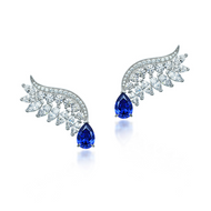 Blue Sapphire Gemstone Silver Double Earrings pair with wing design and blue teardrop stones