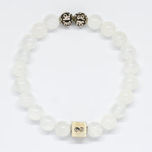 Load image into Gallery viewer, Selenite round infinity silver bracelet with milky white beads, two carved silver beads and square infinity charm, white background


