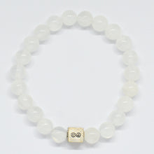 Load image into Gallery viewer, Selenite infinity silver bead bracelet with translucent white beads and square infinity charm at bottom, white background

