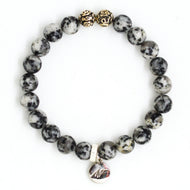 Sesame jasper stone bracelet 8MM with silver beads on a white background