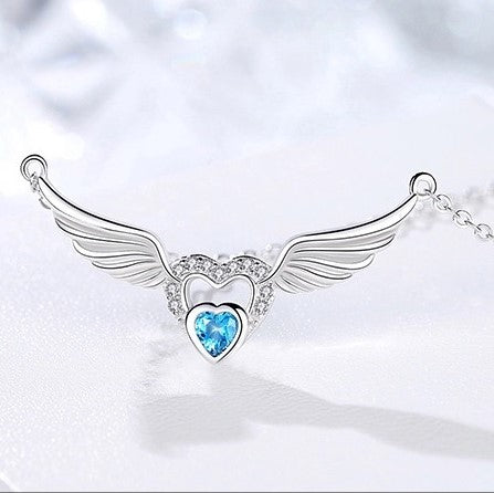Angel Wings Blue Zircon Pendant Silver Necklace