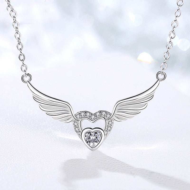 Angel Wings White Zircon Pendant Silver Necklace