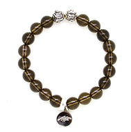Smoky Quartz Stone Silver Bead Bracelet 8mm with 925 sterling silver beads and MysticFlavia charm on a white background.
