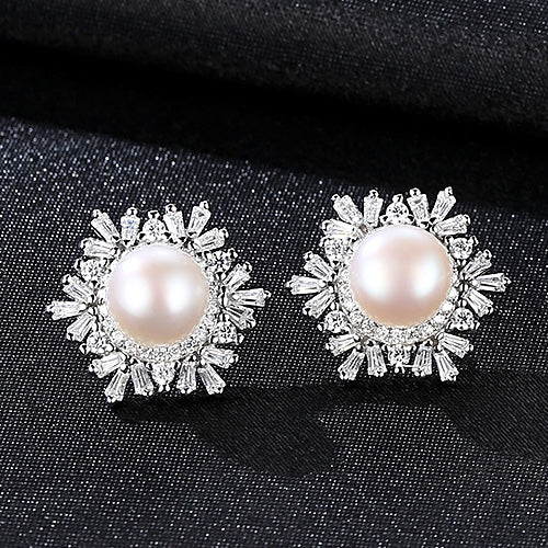 Snowflake Natural Pearl Paved Zircon Silver Earrings