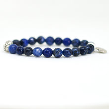 Load image into Gallery viewer, Side profile of Natural Sodalite Faceted Stone Silver Bead Bracelet 8MM showing faceted gemstone beads and sterling silver details
