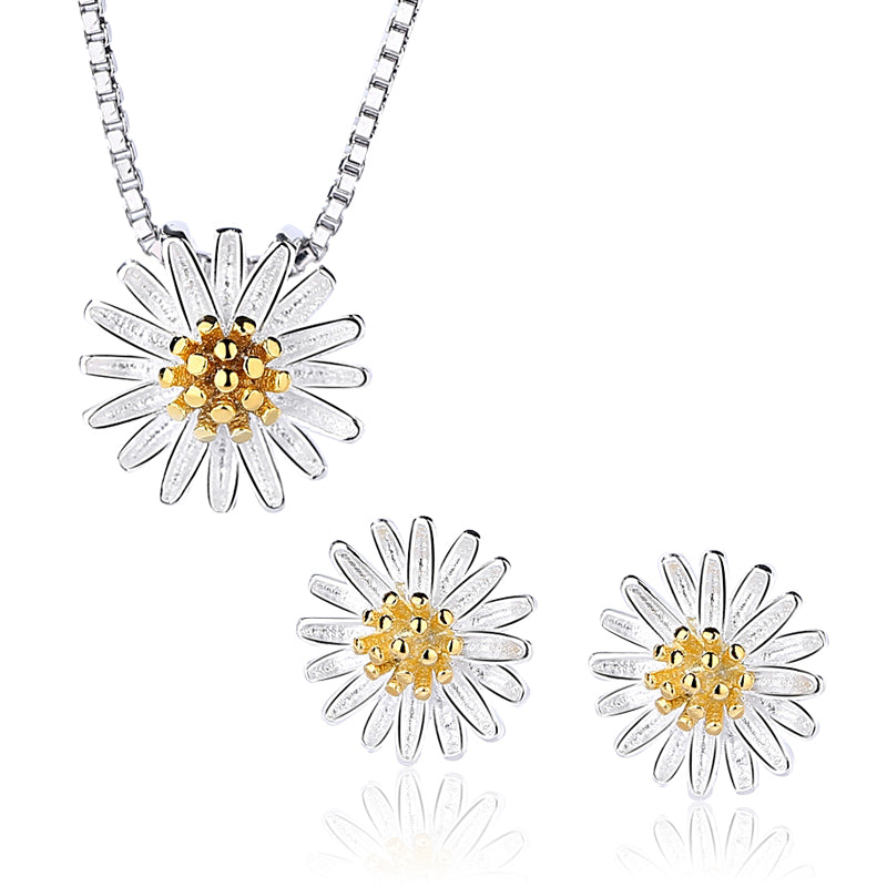 Vibrant Yellow Sunflower Silver Necklace Set