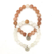 Sunstone and Moonstone Couple Bracelet 8MM with natural gemstone beads and sterling silver charm on white background