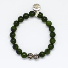 Load image into Gallery viewer, Jade Super Stone Silver Bead Bracelet 8MM back view with silver dragon bead details and charm
