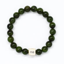 Load image into Gallery viewer, Jade infinity bracelet showing silver charm engraved with infinity symbol

