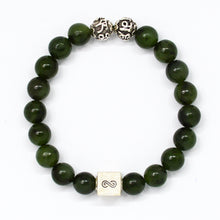 Load image into Gallery viewer, Jade infinity bracelet with round beads and engraved silver charm, MysticFlavia jewellery

