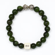 Jade infinity bracelet with round beads and engraved silver charm, MysticFlavia jewellery
