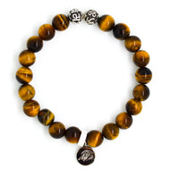MysticFlavia tiger eye stone silver beads bracelet 8mm with engraved pendant charm, flat lay white background