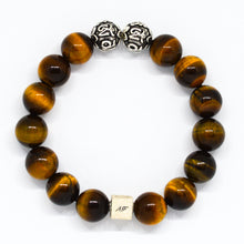Load image into Gallery viewer, Tiger eye round infinity silver bracelet 12mm by MysticFlavia with engraved silver beads, top view
