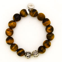 Load image into Gallery viewer, Natural tiger eye 12mm bracelet with 925 sterling silver pendant charm, top view white background
