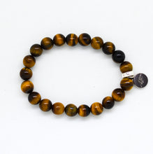 Load image into Gallery viewer, Natural tiger eye 8mm bracelet with 925 sterling silver flat bead and disc charm, side angle white background
