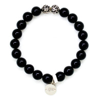 MysticFlavia black tourmaline stone silver beads bracelet with round charm, white background