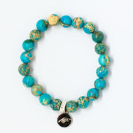 Turquoise Jasper Stone Flat Silver Bead Bracelet 8MM with 925 Sterling Silver Charm | MysticFlavia