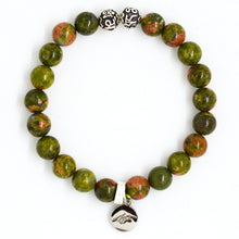 Load image into Gallery viewer, Unakite Stone Silver Bead Bracelet 8MM by MysticFlavia with natural green and pink unakite gemstone beads, decorative silver beads, and signature silver charm.
