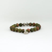 Load image into Gallery viewer, Side profile of Unakite Stone Silver Bead Bracelet 8MM showcasing polished natural unakite gemstone beads and sterling silver details by MysticFlavia.
