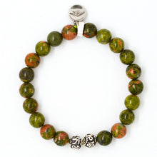 Load image into Gallery viewer, Back view of Unakite Stone Silver Bead Bracelet 8MM featuring natural unakite gemstone beads, silver bead accents, and MysticFlavia signature charm.
