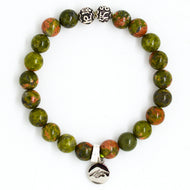 Unakite Stone Silver Bead Bracelet 8MM by MysticFlavia with natural green and pink unakite gemstone beads, decorative silver beads, and signature silver charm.