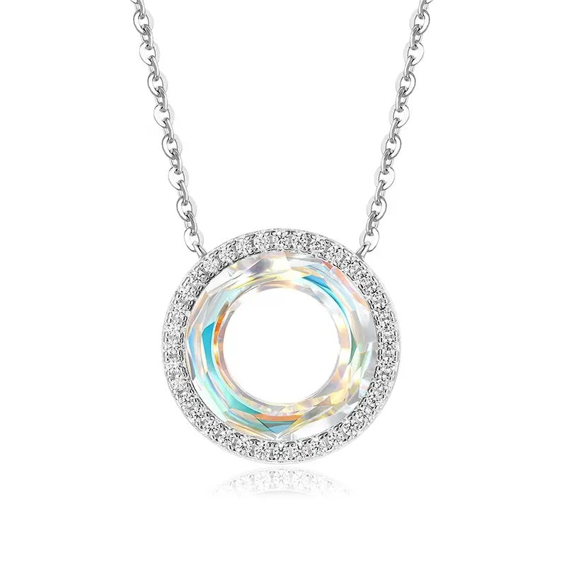 White Circle Pendant Swarovski Crystal Silver Necklace