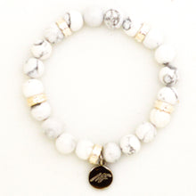 Load image into Gallery viewer, MysticFlavia white howlite bracelet flat view with dark brand charm pendant on white background
