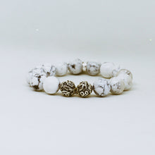 Load image into Gallery viewer, White howlite bracelet 925 sterling silver engraved accent beads side view on white background

