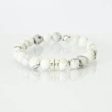 Load image into Gallery viewer, MysticFlavia white howlite double silver bead bracelet, angled view with reflection

