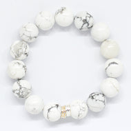 White howlite bracelet 12mm flat view with double gold-tone flat silver spacer bead on white background
