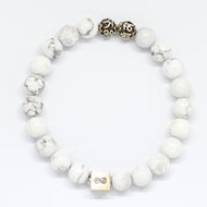 MysticFlavia white howlite round infinity bracelet with silver beads and infinity cube, white background