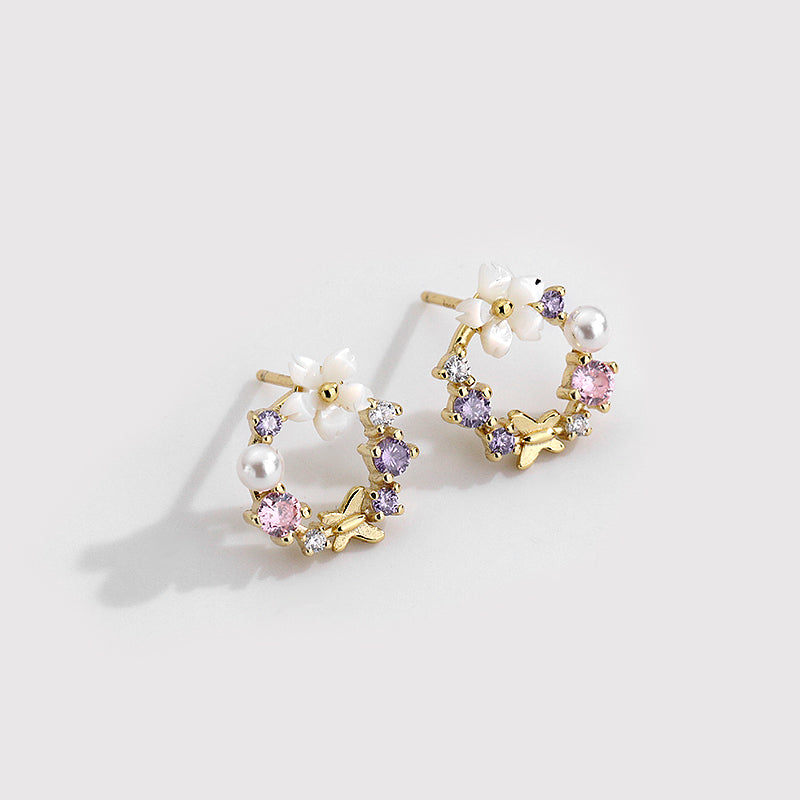 18 K Gold Plated Colorful Zircon Stud Silver Earrings