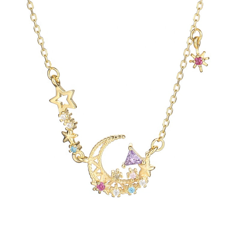 18 K Gold Colorful Zircon Moon Star Necklace