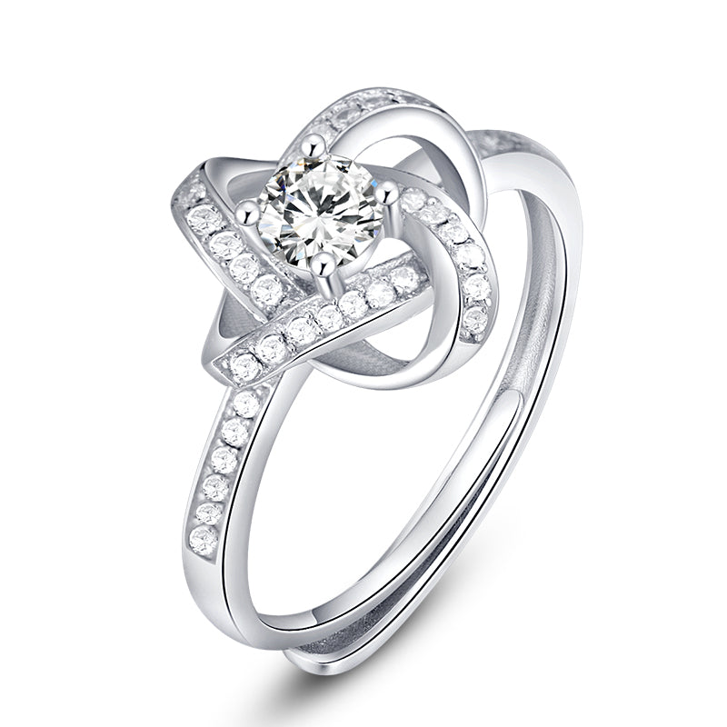 Dainty Floral White Zircon Adjustable Silver Ring