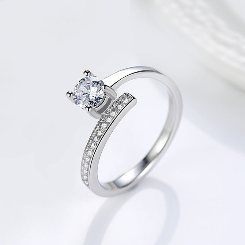 White Zircon Solitaire Interlock Adjustable Silver Ring
