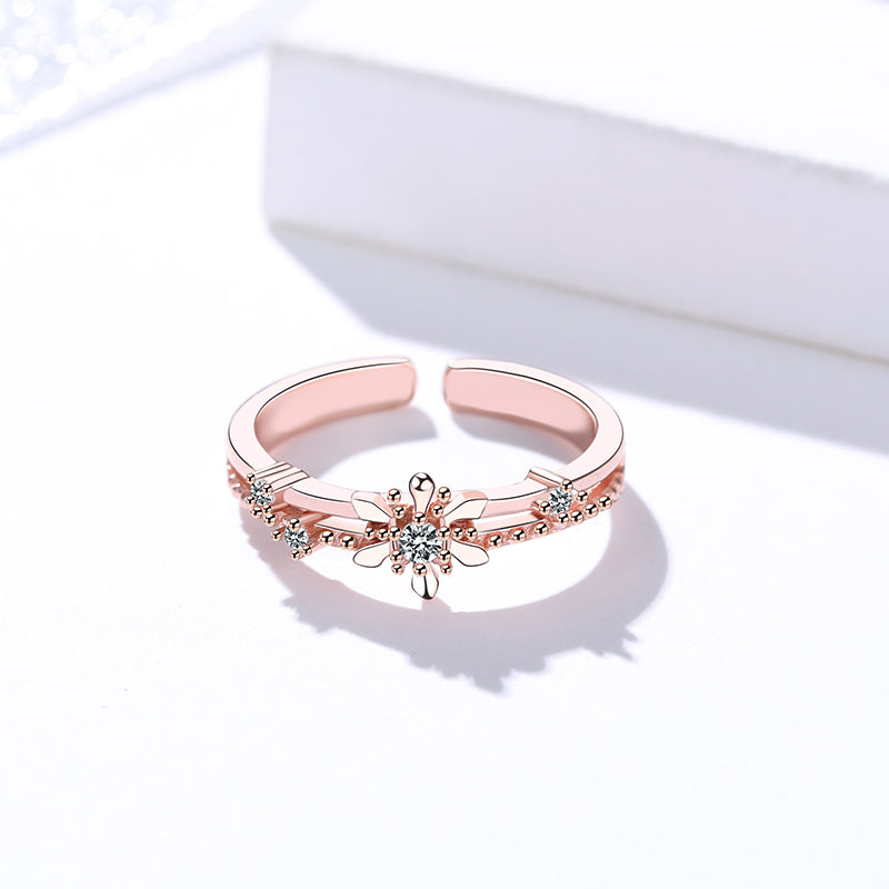Rose Gold Dainty Floral Zircon Adjustable Silver Ring