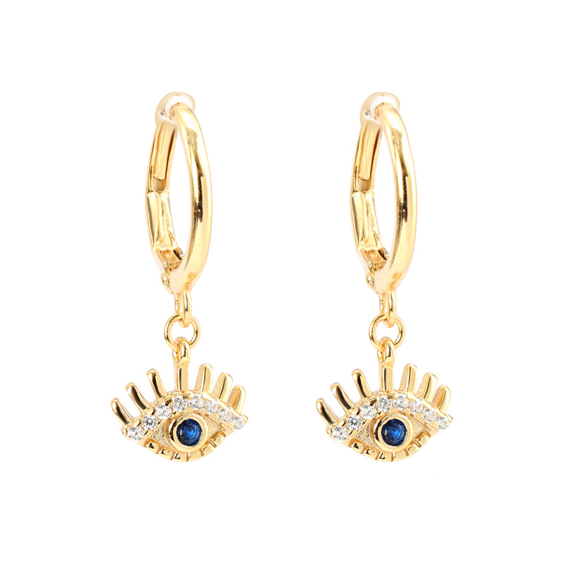 18 K Gold Plated Blue Zircon Eye Silver Hoop Earrings