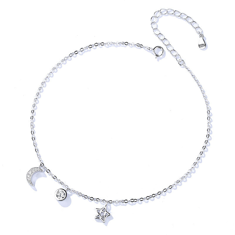 Chic Moon & Star Zircon Silver Bead Anklet