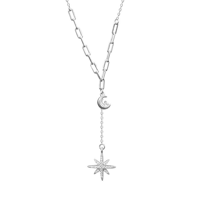 Boho Star Moon White Zircon Silver Necklace
