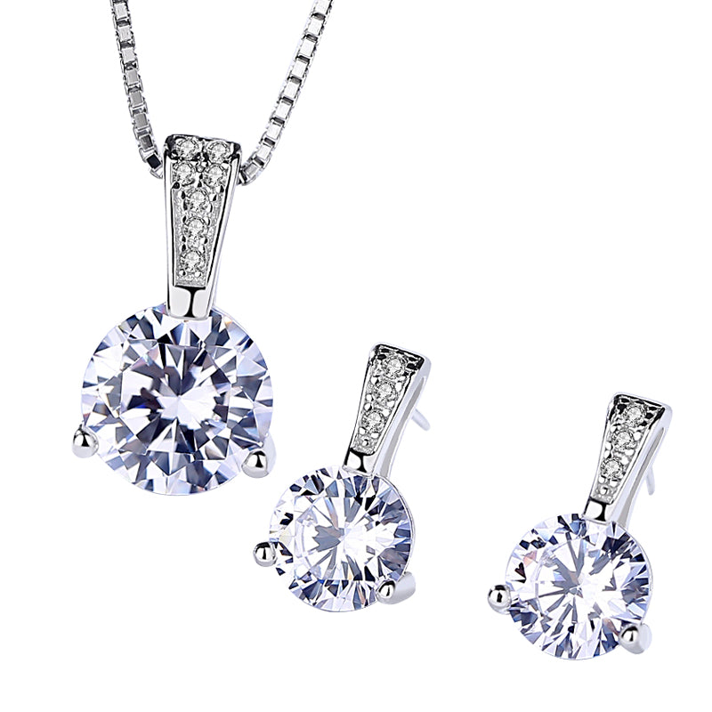 White Zircon Solitaire Adjustable Silver Necklace Set
