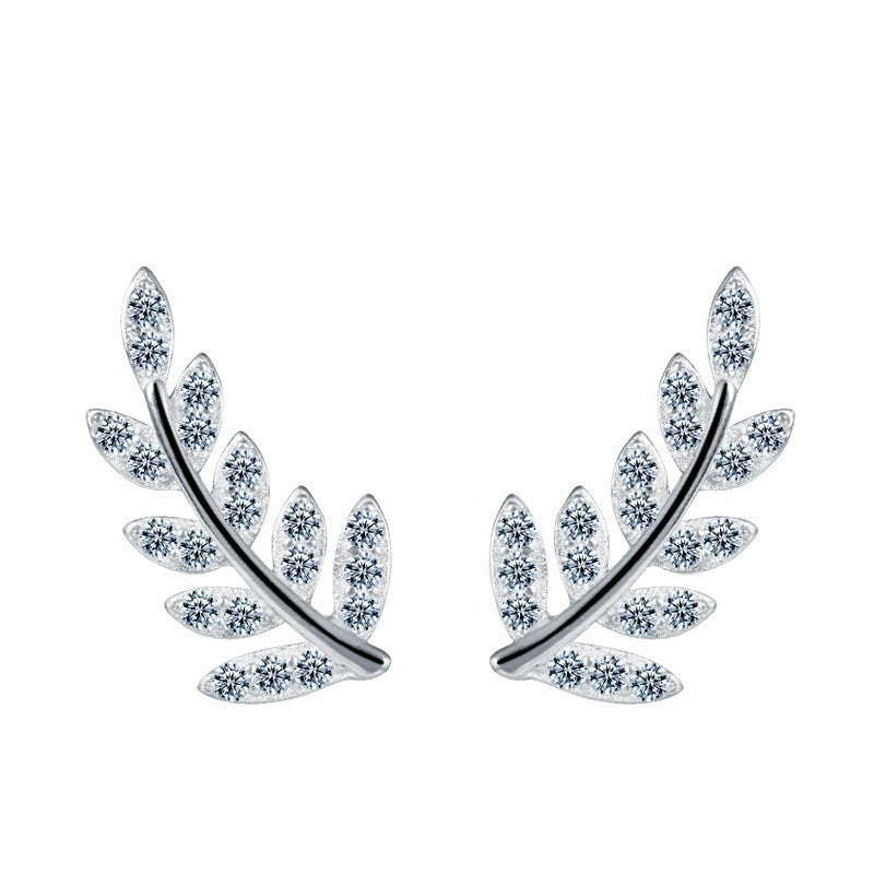 Angelic White Zircon Paved Leaf Silver Earrings