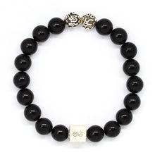 Load image into Gallery viewer, MysticFlavia black tourmaline infinity bracelet with silver beads and infinity cube, white background
