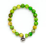 Natural Olive Green Jasper Flat Silver Bead Bracelet 8MM by MysticFlavia on white background