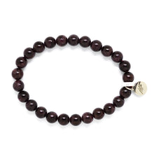 Load image into Gallery viewer, Top view of Garnet Birthstone Flat Silver Bead Bracelet 8mm with polished natural garnet gemstone beads and silver charm by Mystic Flavia.
