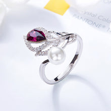 Load image into Gallery viewer, Close-up of purple Swarovski crystal ring, silver leaf design with pearl, front view on white background.
