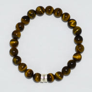 MysticFlavia tiger eye stone double flat silver bracelet with two silver ring charms, flat lay white background